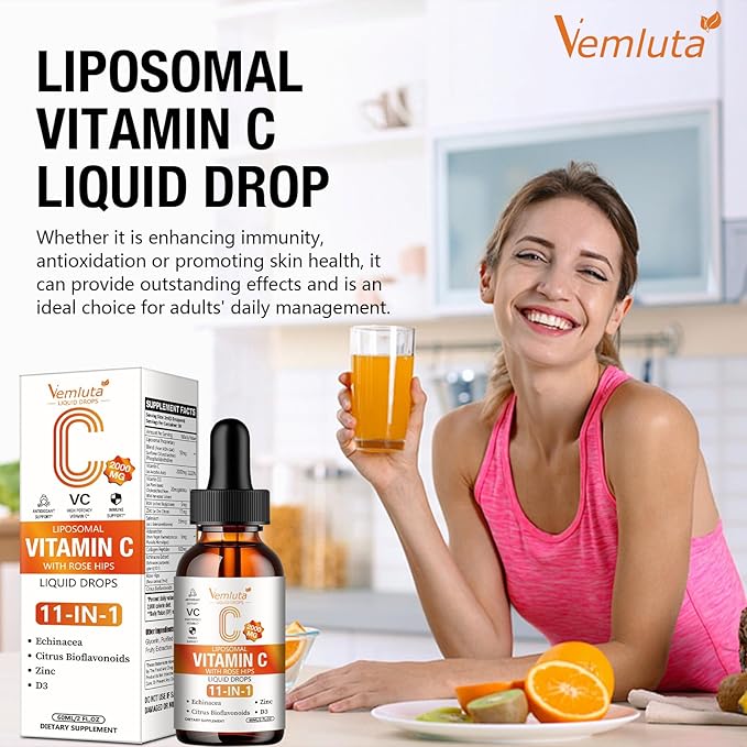 1 Packs Liposomal Vitamin C 2000mg Liquid Drop, High Absorption VC Complex Rose Hips with Echinacea, Citrus Bioflavonoids, Zinc, Vitamin D3 for Immune System & Antioxidant,2 FL Oz