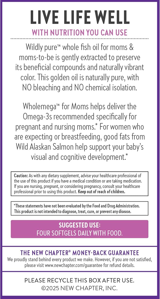 New Chapter Wholemega for Moms Fish Oil Supplement, Tiny Capsules, 2000mg per Serving, Prenatal DHA with Omega-3 + Vitamin D3 for Prenatal & Postnatal Support, 500mg Each - 90 Count