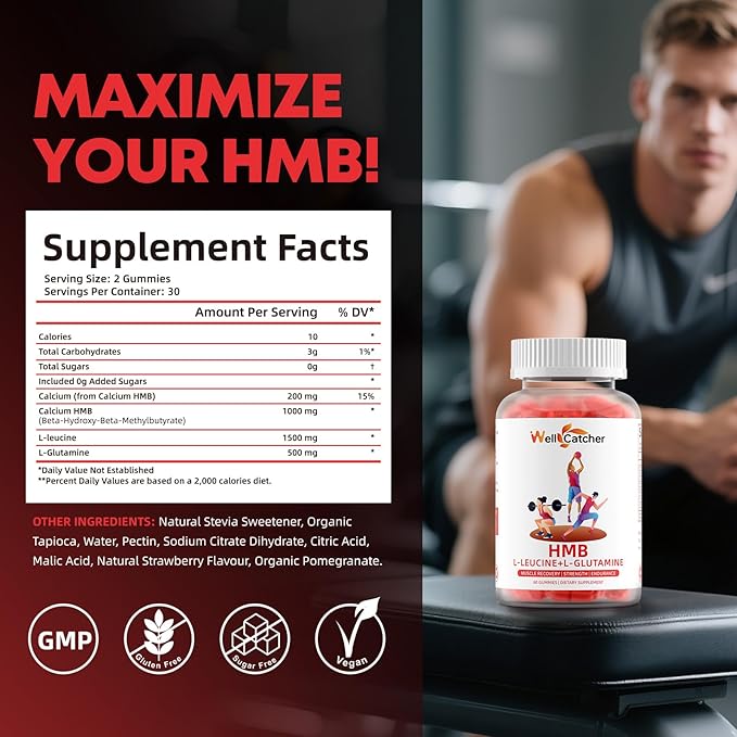 HMB and Leucine Amino Acid Gummies: HMB Supplements for Men Women with L-Glutamine for Muscle Growth Fast Workout Recovery, Sugar Free Vegan Non-GMO Strawberry Flavored 30 Day Supply