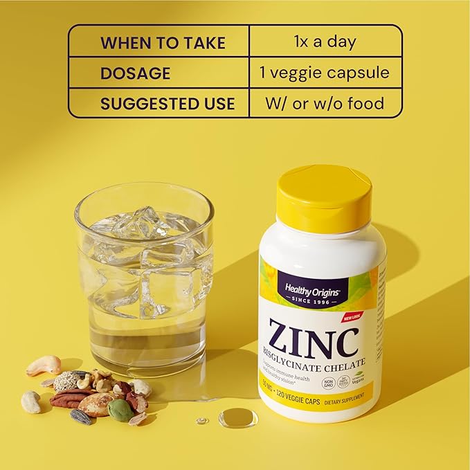Healthy Origins Zinc Bisglycinate Chelate 50 mg, 120 Veggie Capsules - Featuring Albion Minerals TRAACS High Bioavailability Complex, Supports Immune & Metabolic Health & Skin Cellular Support