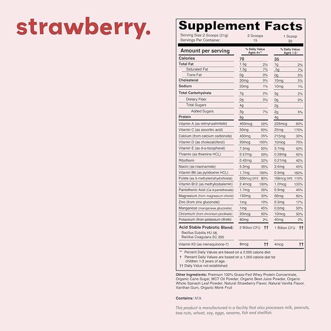 Mighty Strawberry Milk - Kids All-in-One Daily Protein Powder & Multivitamin Boosted with 2 Billion Probiotics & Organic Spinach - Natural Flavors, Colors & Sweeteners - 15-30 Servings