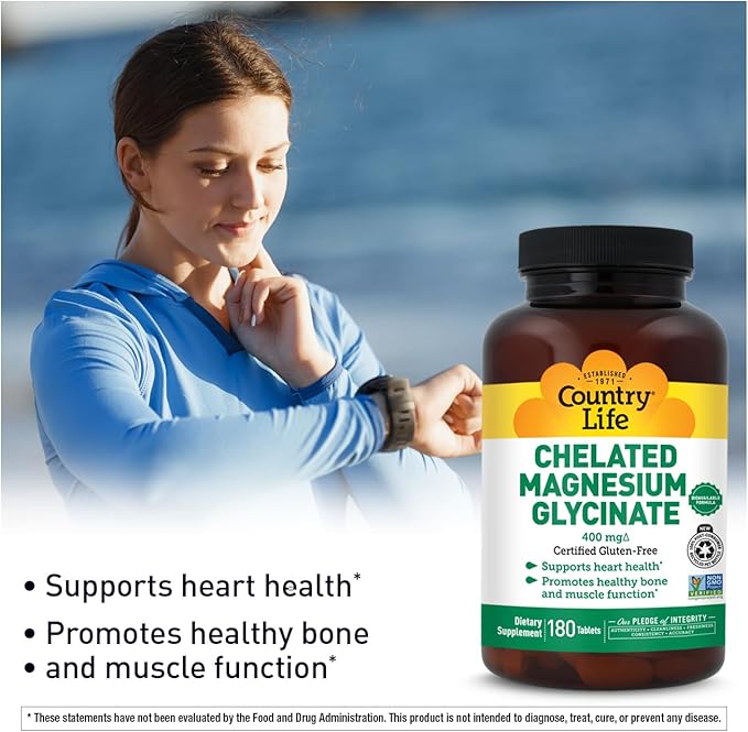 Country Life Chelated Magnesium Glycinate 400mg – High Absorption Magnesium Supplement for Muscle Relaxation, Energy, Bone & Immune Support – Gluten-Free, Vegan, Halal, Non-GMO Verified - 180 Tablets