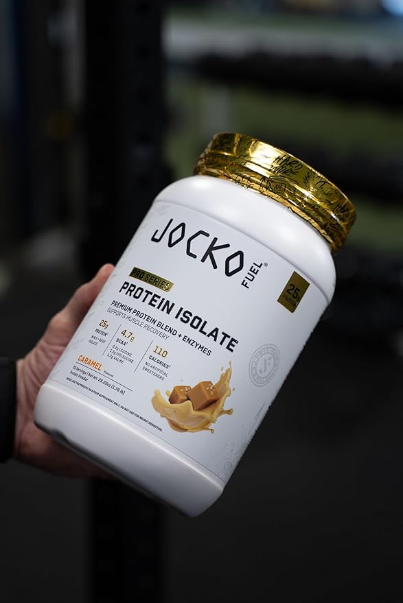 Jocko Fuel Whey Protein Isolate Pro Series, Caramel, 25g Low Lactose Whey + Beef Collagen, with Digestive Enzymes + Probiotics, 4.7g BCAAs, Low Carb, 25 Servings