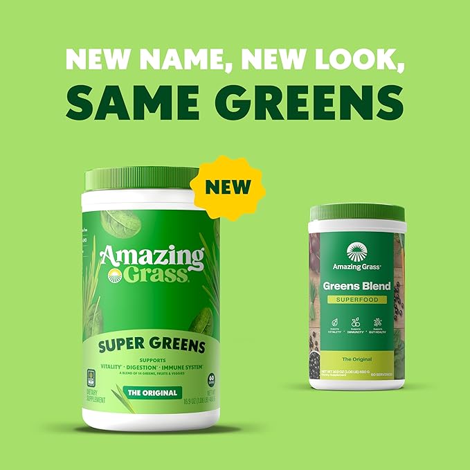 Amazing Grass Greens Blend Superfood: Super Greens Powder with Spirulina, Chlorella, Beet Root Powder, Digestive Enzymes, Prebiotics & Probiotics, Original, 60 Servings (Packaging May Vary)