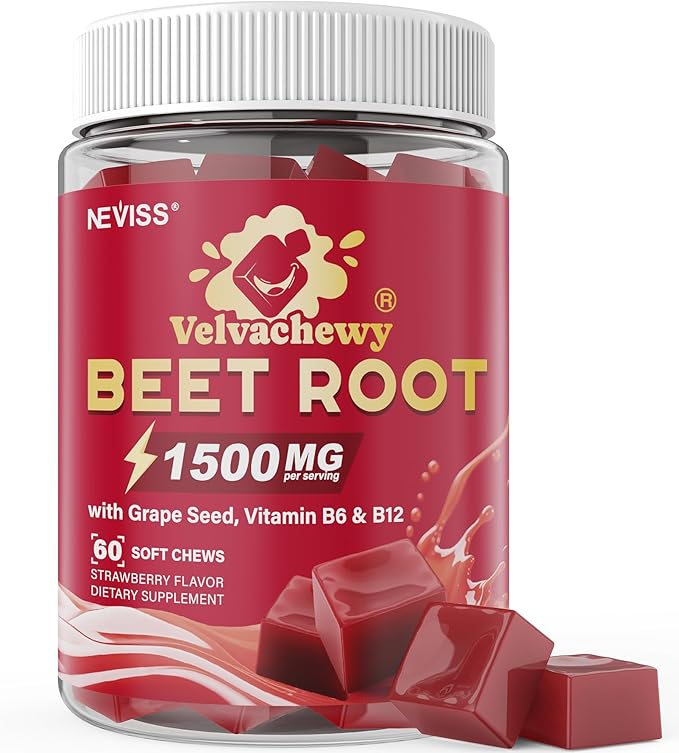 NEVISS Beet Héāŗt Chews 1500mg, Nitric Oxide and Blood Préssũre Support, 5 in 1 Beets Supplements w/Grape Seed, L-Citrulline, Vitamin B6 & B12 for Energy & Circulation Support, 60 Chews, Sugar-Free