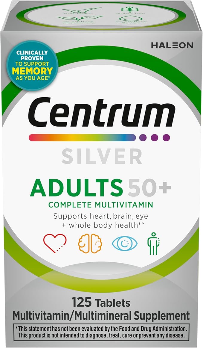 Centrum Silver Multivitamin for Adults 50 Plus, Multivitamin/Multimineral Supplement, Vitamin D3, B-Vitamins, Gluten Free, Non-GMO Ingredients, Supports Memory and Cognition in Older Adults - 125 Ct