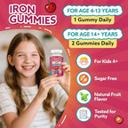 Iron Gummies for Kids & Teens, Kids Multivitamin with Iron Supplement, Calcium, Folate, Zinc, Prebiotic - for Blood Builder & Energy Support, Iron Deficiency - Vegan & Non-GMO - 60 Count Cherry