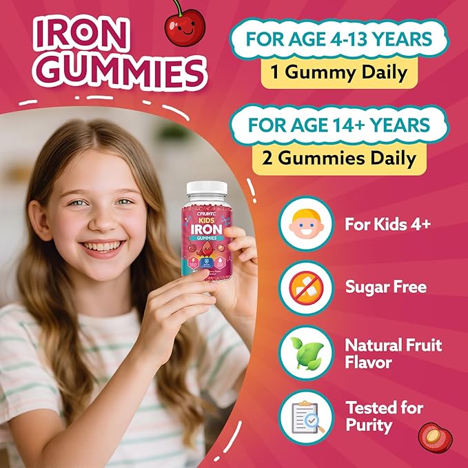 Iron Gummies for Kids & Teens, Kids Multivitamin with Iron Supplement, Calcium, Folate, Zinc, Prebiotic - for Blood Builder & Energy Support, Iron Deficiency - Vegan & Non-GMO - 60 Count Cherry