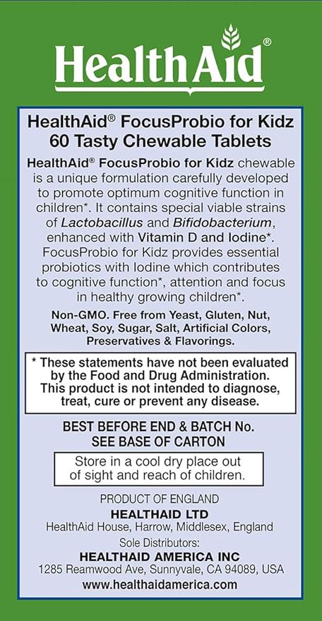 FocusProbio for Kidz, 60 Chewable Tablets, Supports Cognitive Function for Attention and Focus. Blackcurrant and Vanilla Flavor, Contains Vitamin D & Iodine. Acid & Bile Resistant Strains. Vegetarian