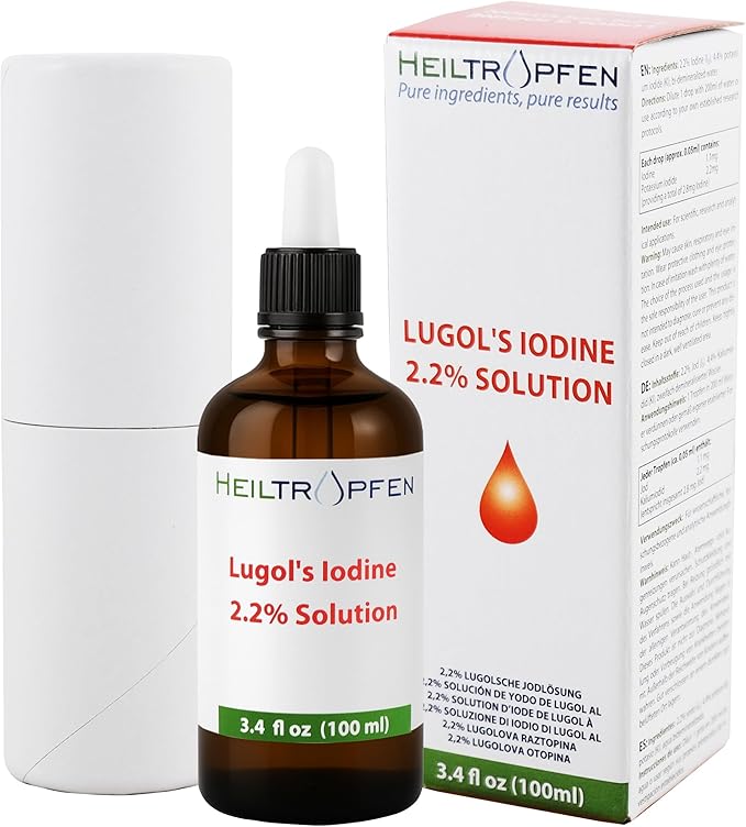 2.2% Lugol's Iodine Solution 3.4 Fl Oz | Pharmaceutical Grade Ingredients | Lugols Solution Made with Iodine and Potassium Iodide | Third-Party Tested | Heiltropfen®