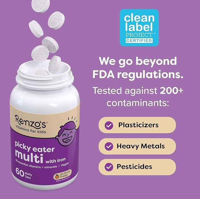 Renzo's Picky Eater Kids Multivitamin with Iron - Dissolvable Kids Vitamins with Iron, Zinc, Vitamin C, Vitamin D, E & K, Sugar-Free Melty Tabs, Cherry Flavor, 60-Count (1-2 Month Supply)