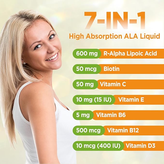Liposomal Liquid Alpha Lipoic Acid drops, 600 MG R-Alpha Lipoic Acid Supplement with Biotin & Multivitamins, ALA for Antioxidant, Brain Health and Nerve Support, Pineapple Flavor, Sugar Free, 2 FL OZ