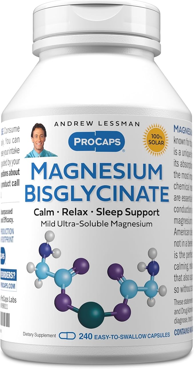 ANDREW LESSMAN Magnesium Bisglycinate - 240 Capsules - 70mg. Gentle, Highly Absorbable, Non-Laxative, Calming Magnesium for Relaxation. Enhanced Absorption. No Stomach Upset