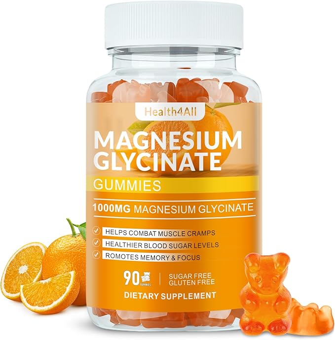 Magnesium Glycinate Gummies 1000mg, High Absorption Sugar Free Magnesium Potassium Supplement for Relaxation, Stress Relief, and Sleep Support for Adults & Kids - 180 Orange Gummies
