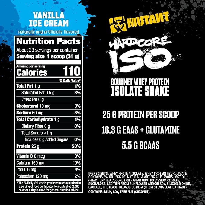 Mutant Hardcore ISO Whey Protein Isolate Powder Acts Fast to Help Recover, Build Muscle, Bulk and Strength, 1.6 lb Vanilla Ice Cream