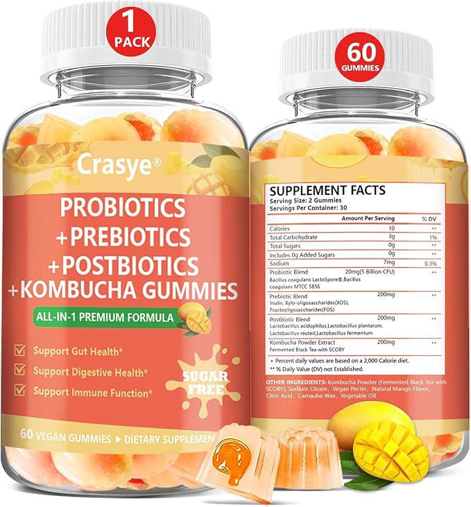 Probiotic Kombucha Gummies Sugar Free Prebiotic Postbiotic Probiotics Gummy for Women and Men Bloating Gut Health Immune and Digestive Support - 60 Gummies - 30 Servings