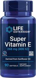 Life Extension Super Vitamin E, 268 mg (400 IU), Non-Synthetic Vitamin E Supplement Promotes Whole-Body Health, Gluten-Free, Non-GMO, 90 softgels