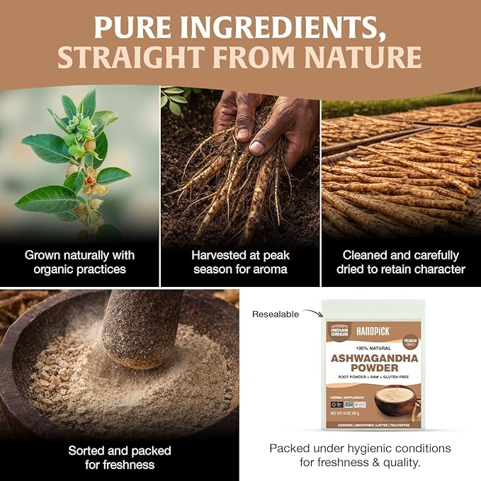 HANDPICK Ashwagandha Root Powder (397g/14oz) No Fillers, No Additives | Finest Grade A Root Powder - Withania Somnifera | Non-GMO & Raw from India