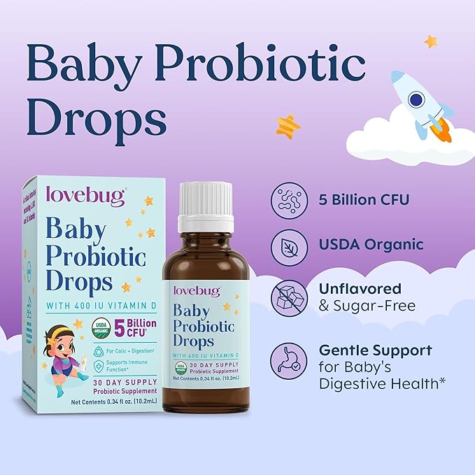 LOVEBUG Baby Probiotic Drops - Organic Probiotics for Immune Support and Baby Constipation & Colic Relief - Tasteless & Sugar-Free Liquid Drops for Newborns, Babies & Infants (0-12 Months) - 10ml