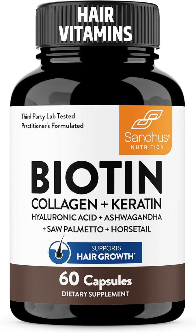 Sandhu's Biotin, Collagen & Keratin Complex | Supports Normal Hair Growth Cycle | Vitamins for Skin & Nails | Hair Supplements for Women & Men | Made in USA | 60 Capsule Pills | with Hyaluronic Acid