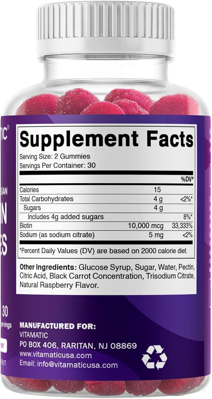 Vitamatic Biotin Gummies 10,000 mcg for Stronger Hair, Skin & Nails - 60 Vegan Gummies - Also Called Vitamin B7 (2 Bottles)