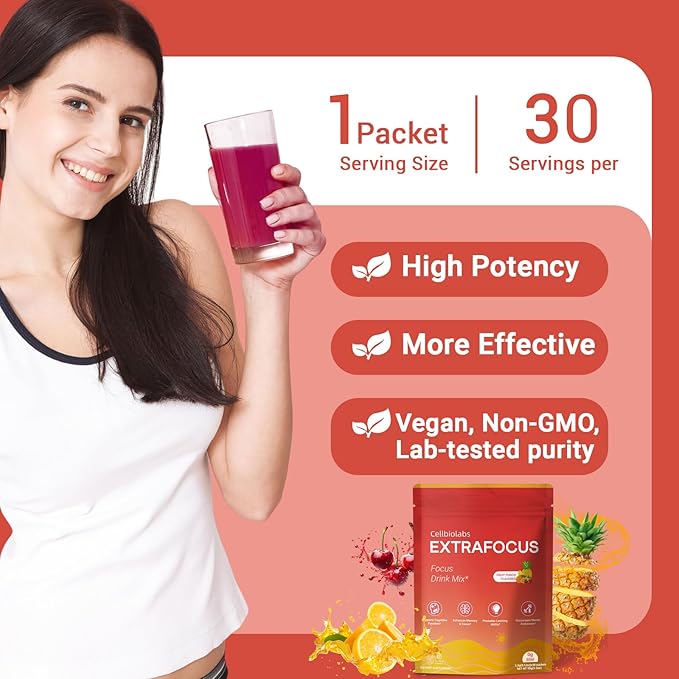 Nootropic Extra Focus Drink Mix, 30 Packs On-The-Go Sticks, Featuring Alpha-GPC, Lion's Mane & Rhodiola, Sugar-Free Packets Fruit Punch Clean Drink Mix