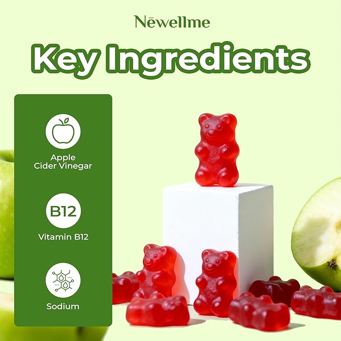 NEWELLME Sugar-Free Apple Cider Vinegar Gummies for Metabolism - 1000mg ACV with The Mother & Vitamin B12 for Energy Support - Vegan, Gluten-Free,180 Counts