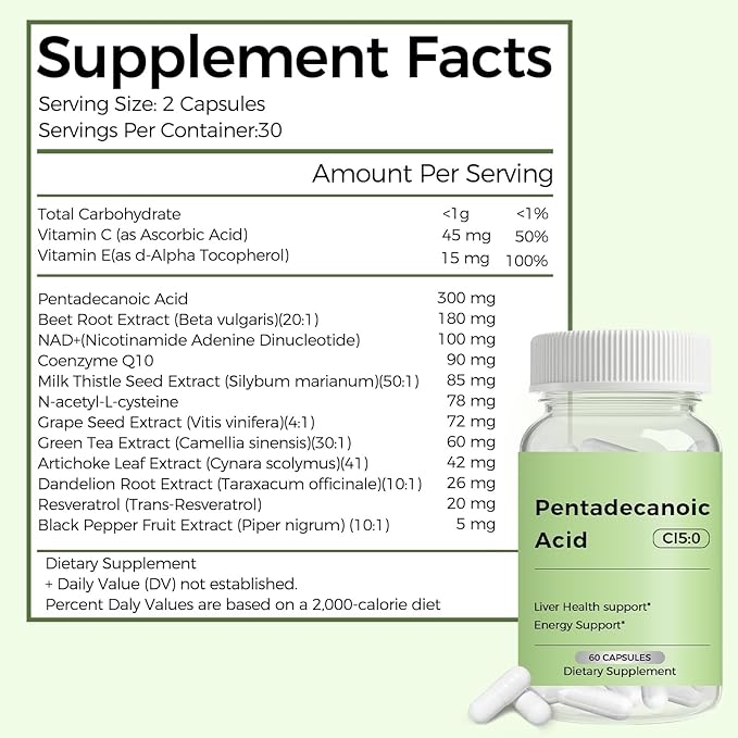 Pentadecanoic Acid, C15:0 Supplement, Supports Metabolic and Mitochondrial Health. Sourced from High-Altitude Goat Milk - 60 Capsules