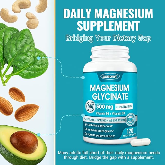 Magnesium Glycinate 500mg, High Absorption Magnesium Supplement with Vitamins B6 & D3, Chelated Magnesium Glycinate Capsules for Muscle, Heart, Calm & Immune Health, Non-Buffered, 120 Capsules