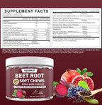 Beetroot Chews, Beet Root Soft Chews with Grape Seed, Pomegranate, Black Pepper, Vitamin C, B12, Nitric Oxide Supplement for Men & Women, Cherry Flavor, Sugar Free, 60 Chews