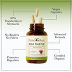 Herbal Roots Milk Thistle Capsules | Extra Strength 80% Silymarin Herbal Supplement | Made with Pure Organic Milk Thistle | Vegan and GMO Free
