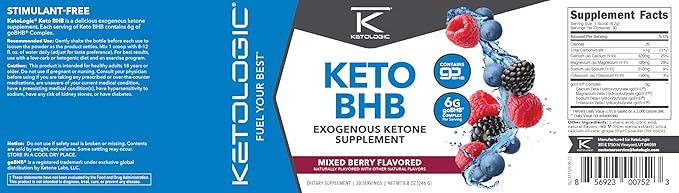 Ketologic Keto BHB (Mixed Berry Flavor) 30 Servings - Exogenous Ketone Supplement with goBHB, Beta-Hydroxybutyrate Salts