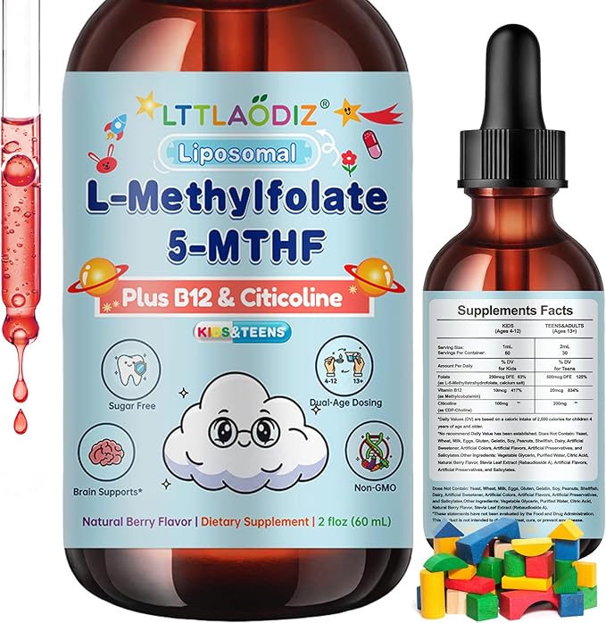 Liposomal L-Methylfolate 5-MTHF Liquid for Kids & Teens – High Absorption Methylated Folate with Citicoline & Methyl B12 – Supports Focus, Clarity & Cognitive Development – Sugar-Free Berry – 2 fl oz