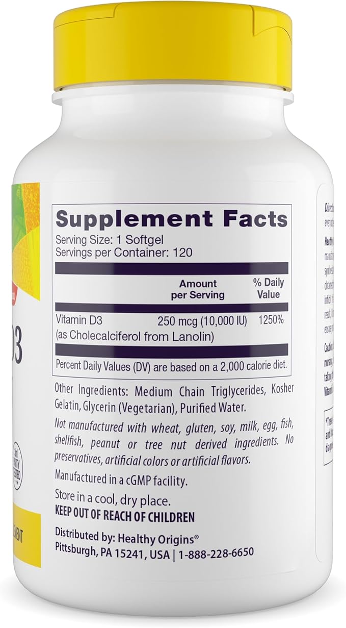 Healthy Origins Vitamin D3 10,000 IU (250mcg), 120 Liquid Softgels - Supports Strong Bones, Healthy Teeth & Immune System Function - Non-GMO, Gluten-Free & Soy-Free