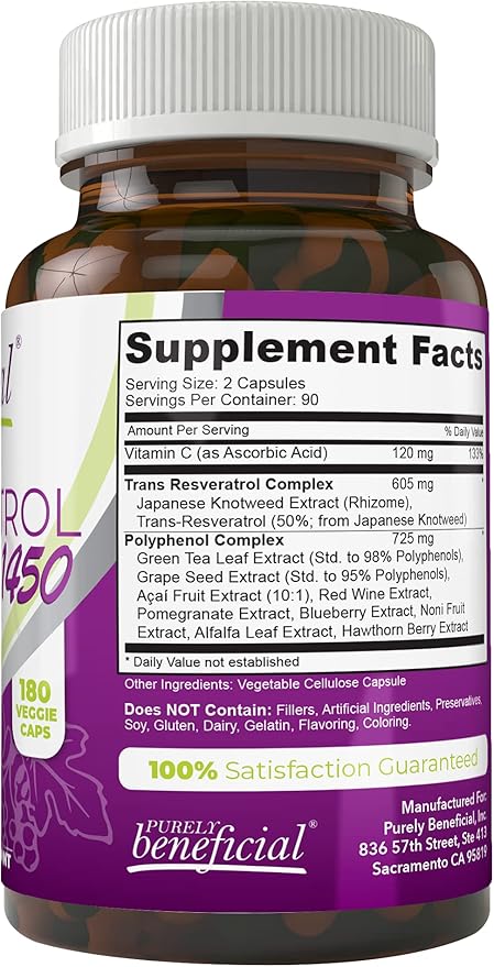 PURELY beneficial RESVERATROL1450-90day Supply, 1450mg per Serving of Potent Antioxidants & Trans-Resveratrol, Promotes Anti-Aging, Cardiovascular Support, Maximum Benefits(1bottle)