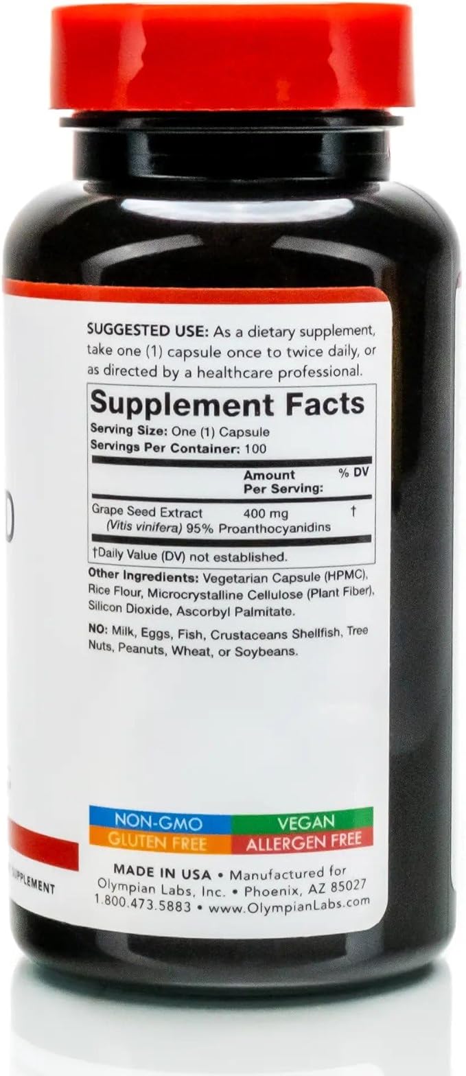 Olympian Labs Grape Seed Extract 400mg Vegan Capsules | Supports Heart & Immune Health, Antioxidant - 100 Count