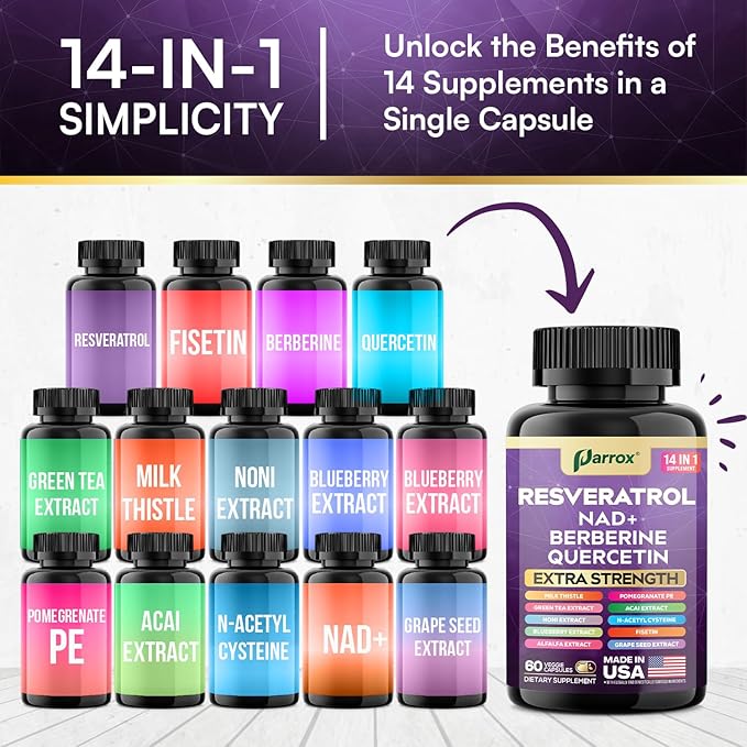 Resveratrol Supplement with Milk Thistle, NAD, Berberine, Quercetin, Fisetin, Pomegranate, Green Tea, Noni, Acai, Blueberry, Grape Seed Extracts, N-Acetyl Cysteine, 14-in-1 Extra Strength (180 Caps)