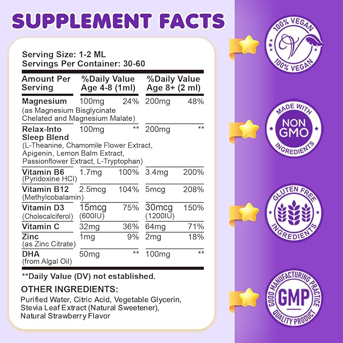 Magnesium Glycinate Liquid for Kids - Magnesium Bisglycinate Drops with L-Theanine, Chamomile & Vitamin B6, B12, C, D3 for Sleep, Relaxation, Immune Support, Calm & Focus - 2 Fl Oz, Strawberry Flavor