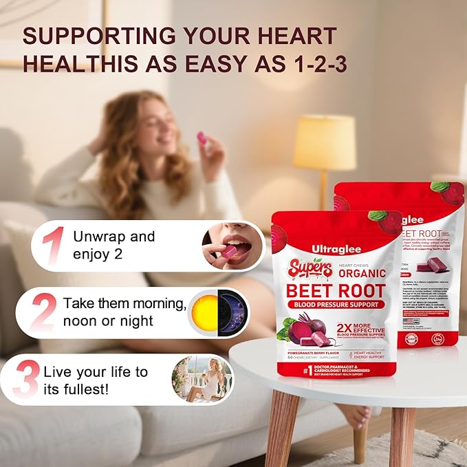 Beet Chews,Beetsroot Heart, Nitric Oxide Support Soft Beets Heart Chews,Grape Seed Extract &Beet Root Powder Energy Supplement,60 (Pomegranate Berry Flavor)