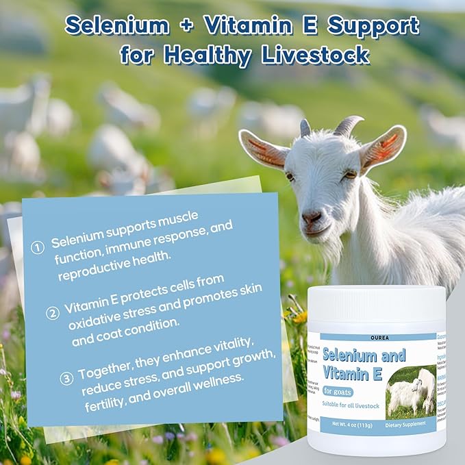 Selenium & Vitamin E Powder for Goat, Selenium Supplement for Goats, Immune System, Muscle Support & Relieve Stress Response, Selenium, Vitamin E Supplements, Goat Minerals, Suitable for All Livestock