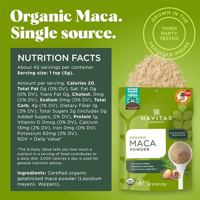 Navitas Organics Maca Powder – 100% Gelatinized Peruvian Maca for Adaptogen Smoothies, Lattes, Baking & More – Energize & Balance - USDA Organic, Non GMO, Vegan, Gluten Free (8oz. Bag, 45 Servings)