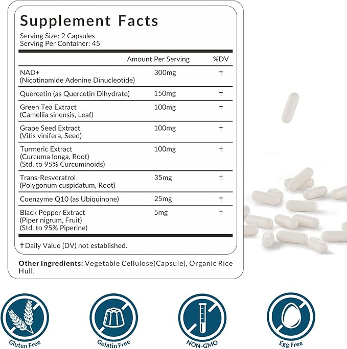 WEEVIT NAD+ Resveratrol Supplement with COQ10, Quercetin, Turmeric, NAD+ Supplement for Men and Women - Energy, Focus & Anti-Aging Support - Gluten Free, Non-GMO