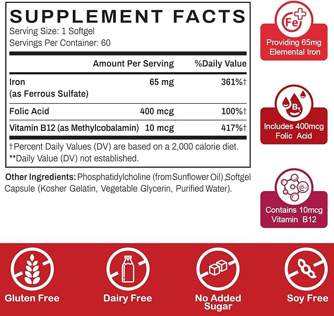 Liposomal Fe Iron Supplement for Women, 65 mg Iron Supplement with Folic Acid & Vitamin B12 for Men, Daily Blood & Energy Support for Adults Iron Deficiency 60 Softgels (2 Bottle)