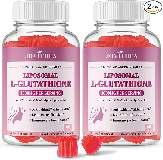 2 Pack Liposomal Glutathione Gummies 1000mg, High Absorption Glutathione Supplement with Vitamin C, Milk Thistle for Skin Health, Liver Detox & Immune, Vegan, Sugar Free, Strawberry Flavor, 120 Count