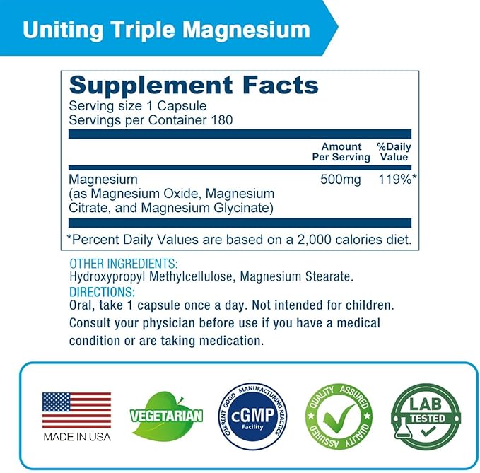 LOVITA Triple Magnesium Complex 500mg, High Absorption and Potency Formula, Glycinate, Citrate & Oxide, Support Sleep, Relaxation, Heart, Nerves & Bone Health, 180 Vegan Capsules