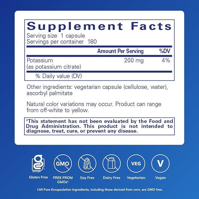 Pure Encapsulations Potassium (Citrate) - Essential Electrolyte Supplement to Support Nerve & Muscle Function, Adrenals, Hormones, Heart Health & Energy* - Potassium Citrate Capsule - 180 Capsules