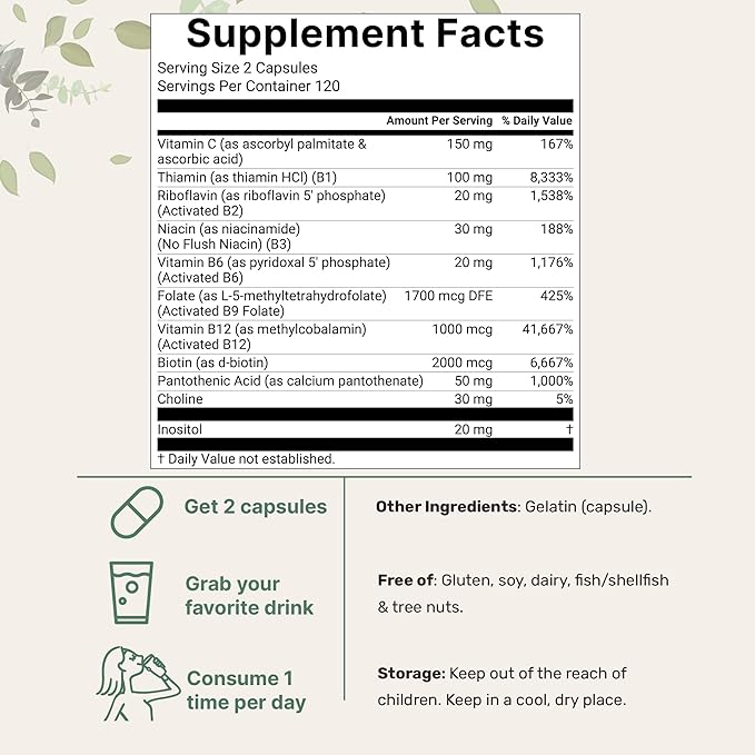 Micro Ingredients Pure Methylated B Complex, 240 Capsules | 11-in-1 Formula with Methylfolate, B12, Thiamin, Inositol, Choline, & Fat Soluble Vitamin C | Clean Ingredients Without Fillers | Non-GMO