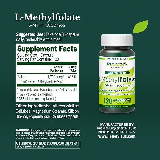 L-Methylfolate 1000mcg (120 Caps) Active Folate for Heart, Nerve Health & Homocysteine Support* - 5-MTHF Methylated Vitamin B9-1700 mcg DFE by Innervis Nutrition