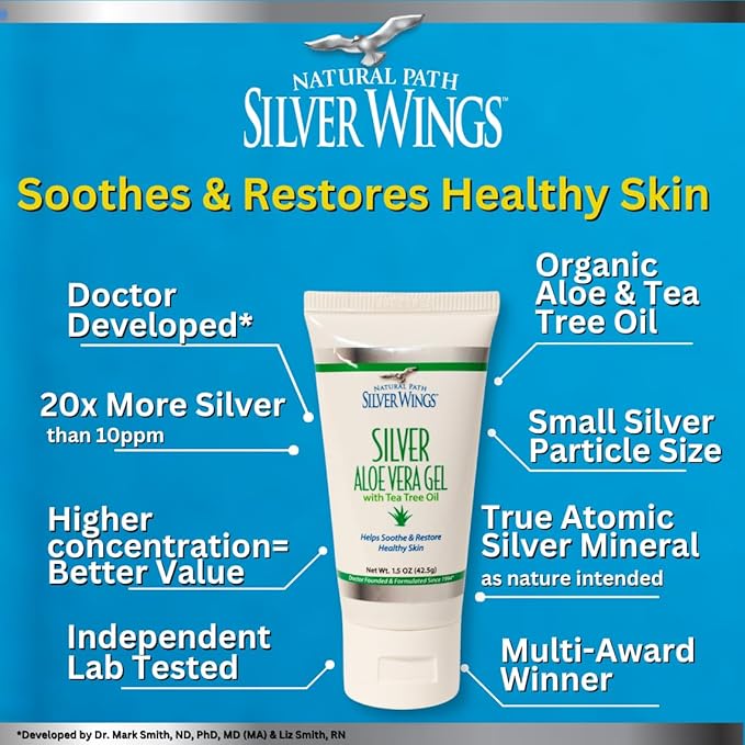 Natural Path Silver Wings 200ppm Silver with Aloe Vera Gel and Tea Tree Oil - Soothing Skin Care - 0.75 oz