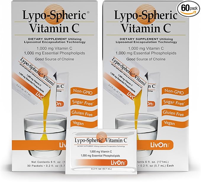 LivOn Laboratories - Lypo–Spheric Vitamin C – 1,000 mg Vitamin C & 1,000 mg Essential Phospholipids Per Packet – Liposome Encapsulated for Improved Absorption – Non–GMO - 2 Pack (60 Count)
